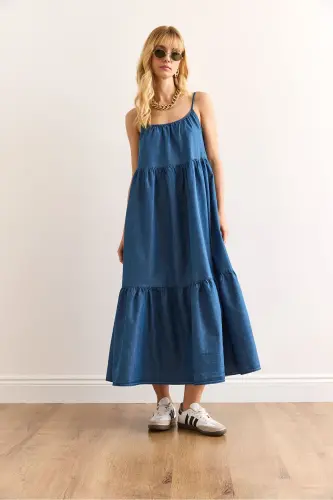 Ayollar Moviy Belbog'i Sozlanishi Maksi Denim Ko'ylak - 3