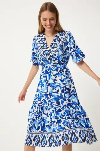 Ayollar Moviy Ekru V Yoqali Elastik Bel Yozgi Viskoza Ko'ylak CI00111-Moviy Ekru - 4