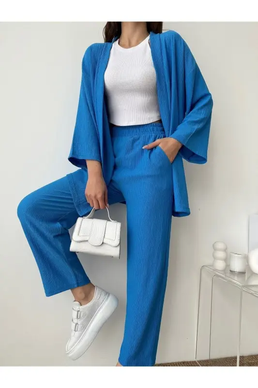 Ayollar Moviy Kimono Shim Trikotaj Kostyumi-Moviy - 3