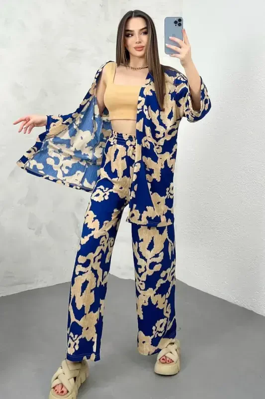 Ayollar Moviy Naqshli Keng Shim Palazzo Yuqori Kimono Kostyumi - moviynaqshlipalazzo - 1