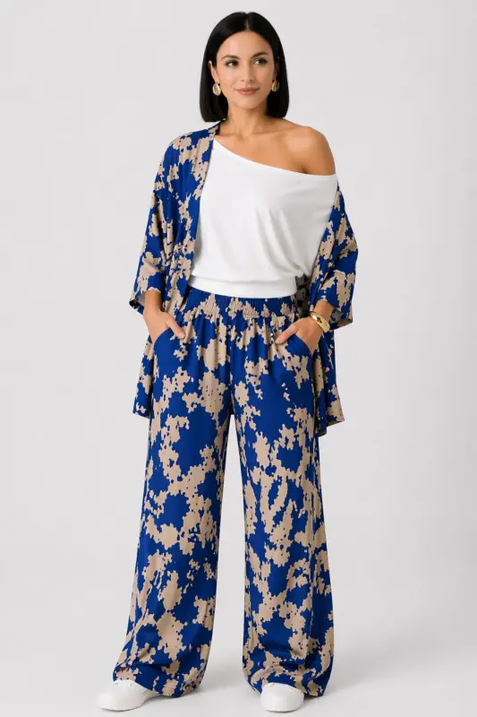 Ayollar Moviy Naqshli Keng Shim Palazzo Yuqori Kimono Kostyumi - moviynaqshlipalazzo - 2