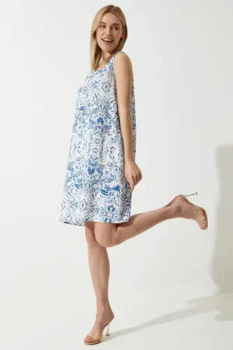 Ayollar Moviy Oq Naqshli Zig'ir Viskoz Mini Ko'ylak BH00343-Moviy Oq - 1