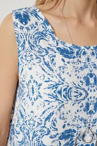 Ayollar Moviy Oq Naqshli Zig'ir Viskoz Mini Ko'ylak BH00343-Moviy Oq - 5