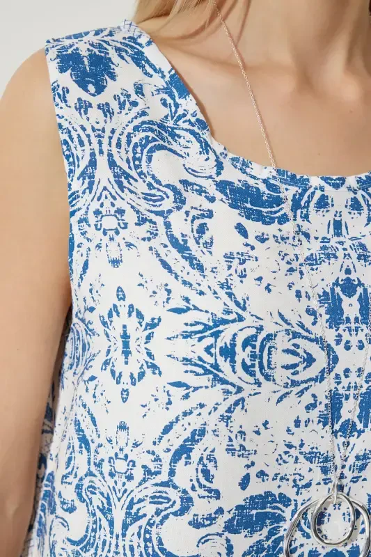 Ayollar Moviy Oq Naqshli Zig'ir Viskoz Mini Ko'ylak BH00343-Moviy Oq - 5