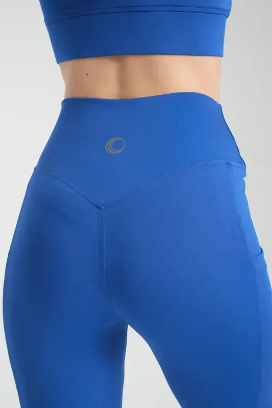 Ayollar Moviy Sport Tayt Juft Cho'ntakli Siqishtiruvchi Yig'uvchi Sportchi Tayti Leggings-Moviy - 2