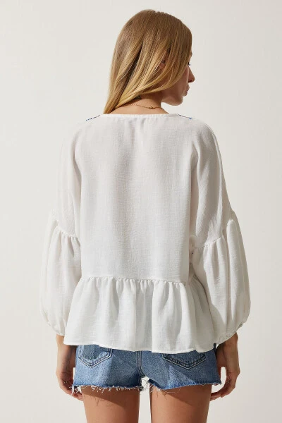 Ayollar och jigarrang chuqur V yoqali kashtali zig'ir bluzka - 6