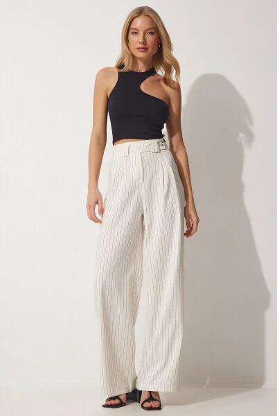 Ayollar ochiq krem rangli pilili keng shim GK00008 - 3