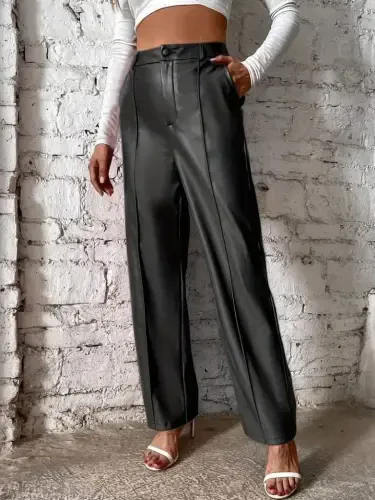 Ayollar old tomondan fermuarli cho'ntakli keng kesimli lame teri shim - 3