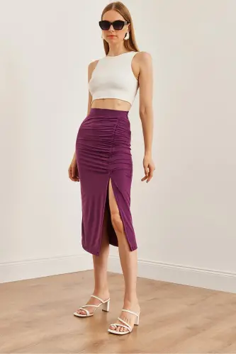 Ayollar olxoʻri yirtigli drape detalli fermuarli midi - 5