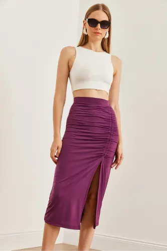 Ayollar olxoʻri yirtigli drape detalli fermuarli midi - 6