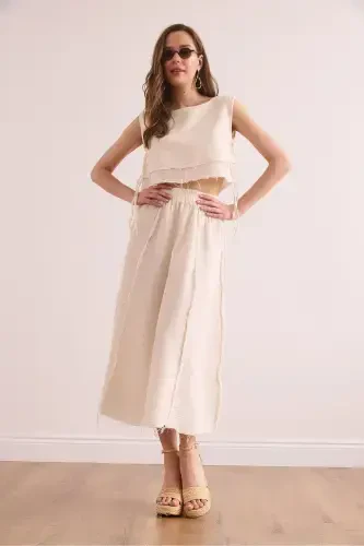 Ayollar oq belidagi elastik tikuvli muslin yubka ETK - 4