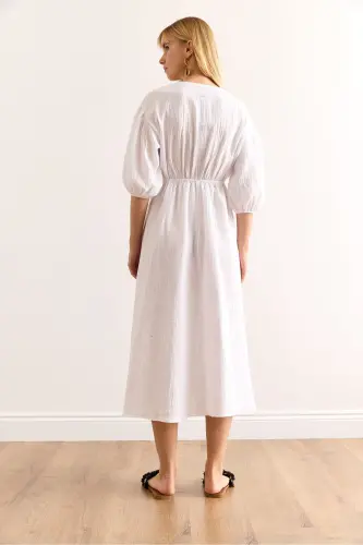 Ayollar Oq Kashtali Bog'ich Tafsilotli Midi Muslin Ko'ylak - 6