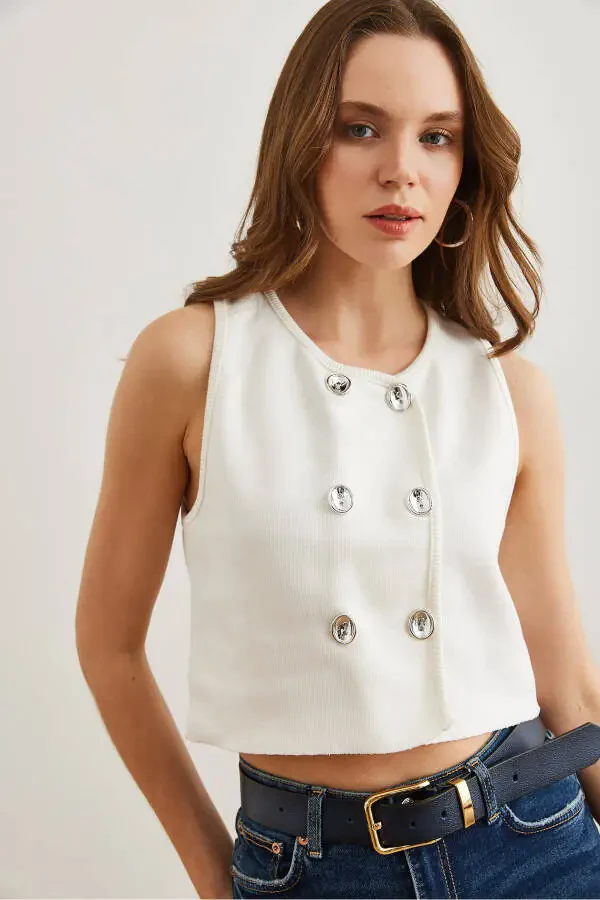 Ayollar Oq-oq Kumush Tugmali Triko Jilet YLK-19000052 - 2