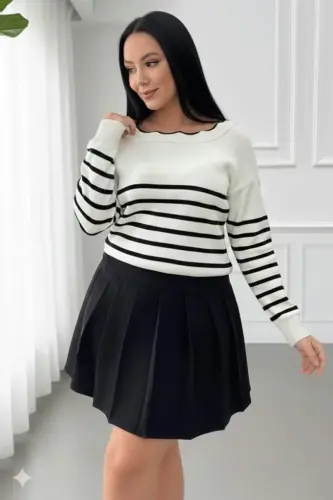 Ayollar Oq Orqa Bog'ich Detalli chiziqli naqshli trikotaj bluzka - 5