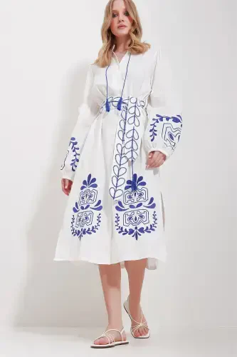 Ayollar oq yoqali kamarli ikkita yirtigli zig'ir libos ALC-X11570-BEYAZ - TREND ALAÇATI STILI (1)