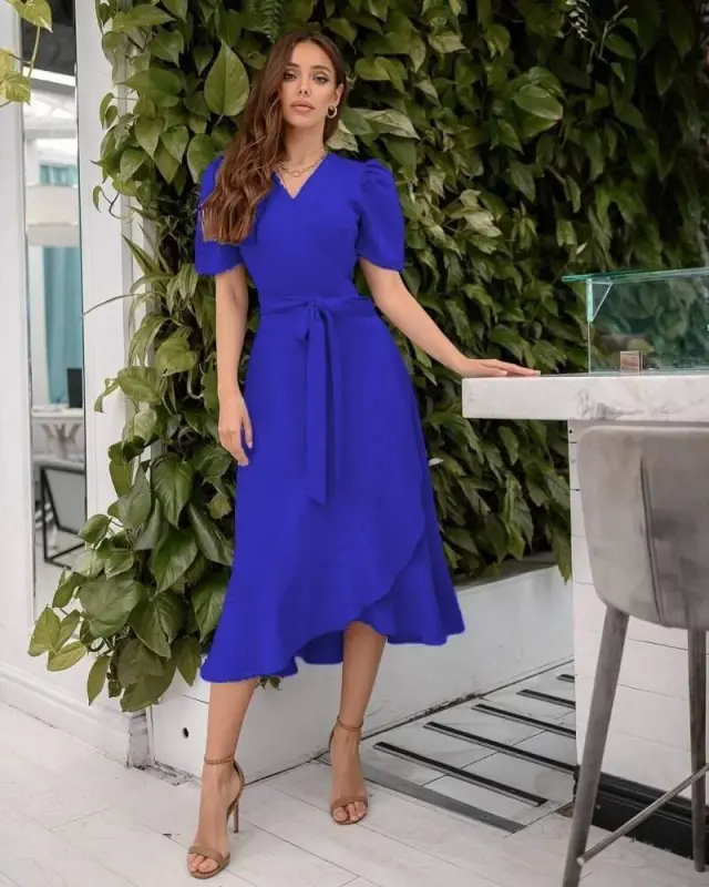 Ayollar o'ralgan yoqali midi bo'yli kamarli krep ko'ylak 120 sm - 5