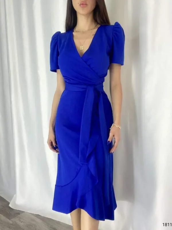 Ayollar o'ralgan yoqali midi bo'yli kamarli krep ko'ylak 120 sm - 6