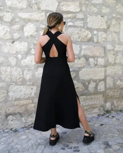 Ayollar orqa tarafdan kesishgan detallar Dumaloq bo'yin Maxi Viscose ko'ylak - 4