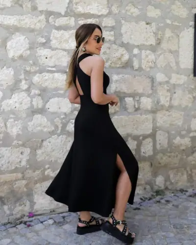 Ayollar orqa tarafdan kesishgan detallar Dumaloq bo'yin Maxi Viscose ko'ylak - 5