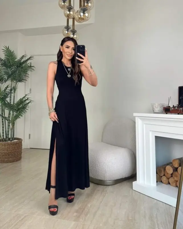 Ayollar orqa tarafdan kesishgan detallar Dumaloq bo'yin Maxi Viscose ko'ylak - 6