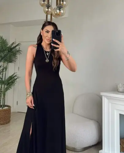 Ayollar orqa tarafdan kesishgan detallar Dumaloq bo'yin Maxi Viscose ko'ylak - 7