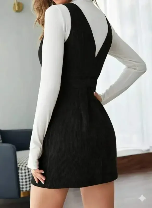 Ayollar osma V yoqali oldidan tugmali mini qalin fitilli baxmal ko'ylak - 3