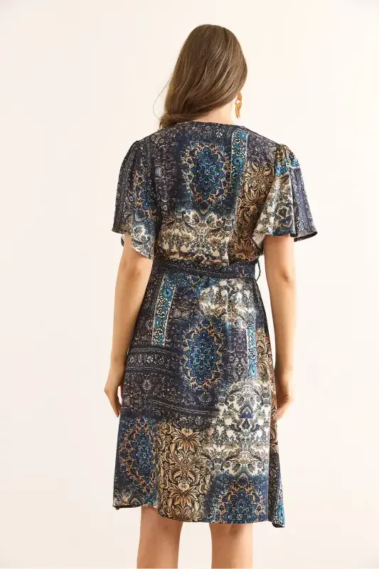 Ayollar Patch To‘q ko‘k V yoqali belbog‘li to‘qilgan mini ko‘ylak ELB-19002380-Patch To‘q ko‘k - 6