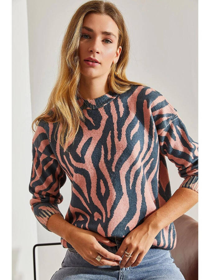 Ayollar Patchwork Trikotajli Sviter - Kulrang - 3