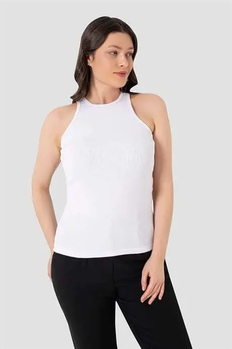 Ayollar paxtali fitilli ko'rinishli halter yaka qora oq kulrang atlet 3 donalik to'plam - 7