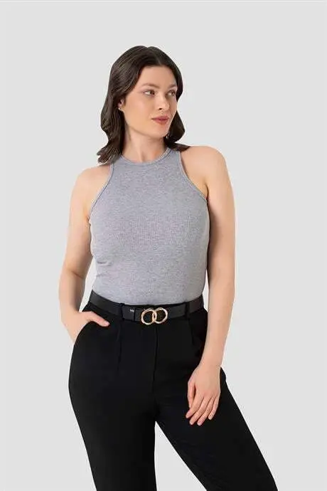 Ayollar paxtali fitilli ko'rinishli halter yaka qora oq kulrang atlet 3 donalik to'plam - 19