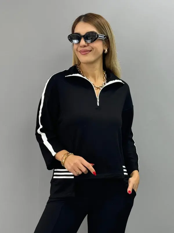 Ayollar polo yoqali paça yirtigli ribanali ikkilik kostyum - BÜYÜKBEDENIZ