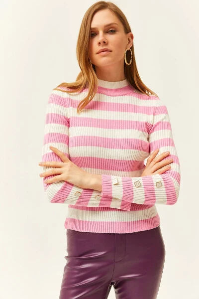 Ayollar pushti chiziqli qo'lli tugmali likra triko kardigani KZK-19000731 - 1