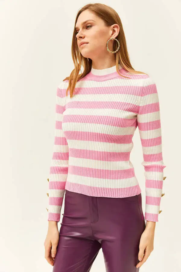 Ayollar pushti chiziqli qo'lli tugmali likra triko kardigani KZK-19000731 - 4