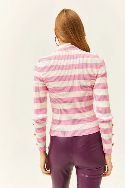 Ayollar pushti chiziqli qo'lli tugmali likra triko kardigani KZK-19000731 - 5