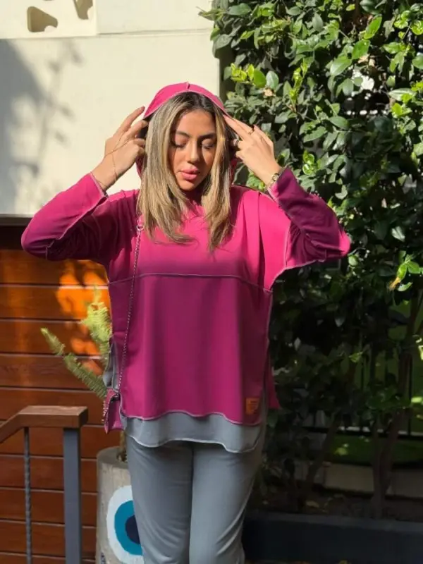 Ayollar pushti kapüşonli etek uchi detallari emblema teskari tikuv ko'rinishli ikkita to'plam - 1