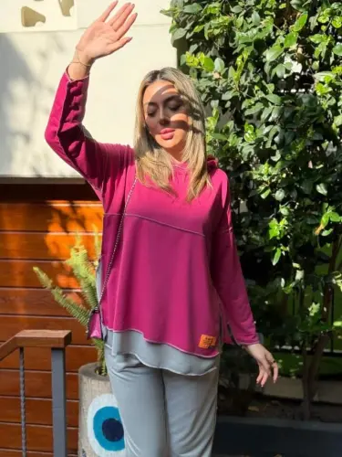 Ayollar pushti kapüşonli etek uchi detallari emblema teskari tikuv ko'rinishli ikkita to'plam - 3