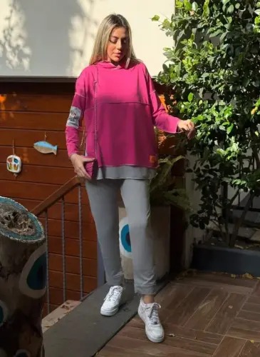 Ayollar pushti kapüşonli etek uchi detallari emblema teskari tikuv ko'rinishli ikkita to'plam - 4