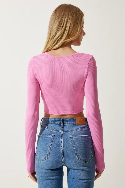 Ayollar pushti U-bo'yinli fitilli tor trikotaj bluzkasi PF00068-Pushti - 6