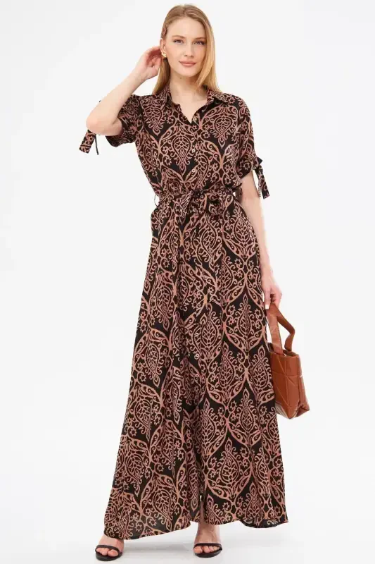 Ayollar qahva qo'l bog'lamali beli kamarli ko'ylak libos ARM-23Y001004-Qahva - ARMONIKA