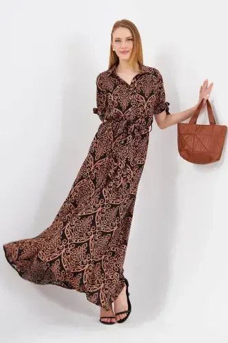 Ayollar qahva qo'l bog'lamali beli kamarli ko'ylak libos ARM-23Y001004-Qahva - ARMONIKA (1)