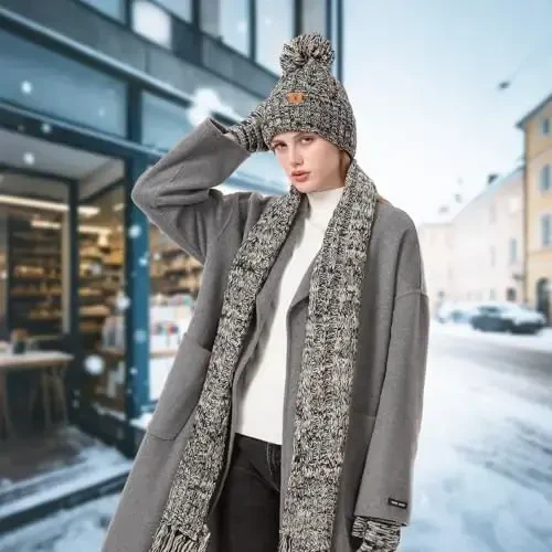 Ayollar qishki iliq shapka, sensorli ekranli qo'lqoplar, junli astarli pom ponli bosh suyagi qopqog'i bilan yakka bo'yin sharf to'plami, ayollar uchun 3 dona sovg'a - 5