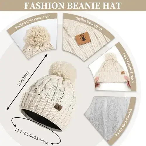 Ayollar qishki iliq shapka sensorli ekranli qo'lqoplar yolg'iz bo'yin sharf to'plami jun bilan qoplangan pom ponli bosh suyagi shapkasi ayollar uchun sovg'a 3 dona 