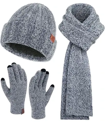 Ayollar qishki iliq trikotaj shapka Sensorli ekranli qo'lqoplar Uzun bo'yin sharf Fleece bilan qoplangan bosh suyagi qopqoqlari Ayollar uchun sovg'alar - WOMENS