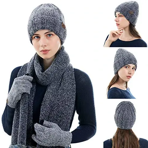 Ayollar qishki iliq trikotaj shapka Sensorli ekranli qo'lqoplar Uzun bo'yin sharf Fleece bilan qoplangan bosh suyagi qopqoqlari Ayollar uchun sovg'alar - 6