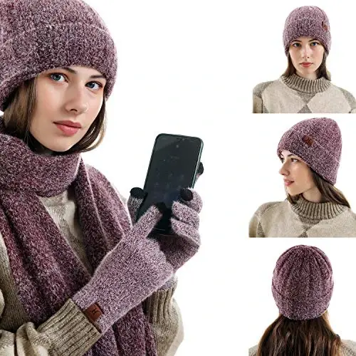 Ayollar Qishki Issiq Trikotaj Beanie Shlyapa Sensorli Ekranli Qo'lqoplar Uzun Bo'yin Sharf Fleece Astarli Bosh Suyagi Qopqoqlari Ayollar uchun Sovg'alar - 6