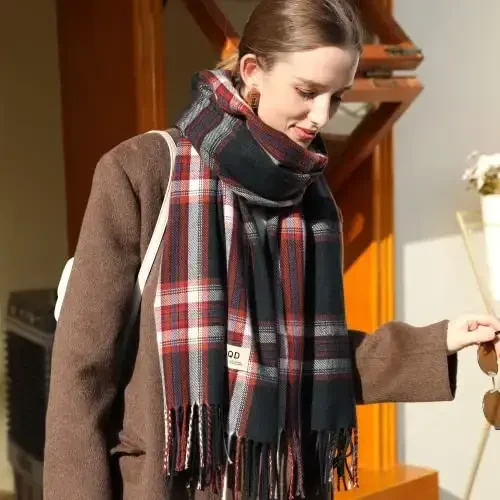 Ayollar qishki sharfi Katta issiq ro'mol Klassik tassel Plaid Katta o'lchamli sharflar Qalin o'ramlar - 6