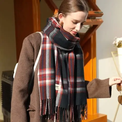 Ayollar qishki sharfi Katta issiq ro'mol Klassik tassel Plaid Katta o'lchamli sharflar Qalin o'ramlar - 6