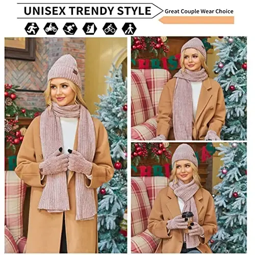 Ayollar qishki trikotaj iliq shapka Beanie uzun sharf sensorli ekranli qo'lqoplar to'plami bosh suyagi qopqoqlari ayollar uchun bo'yin sharflari - 5