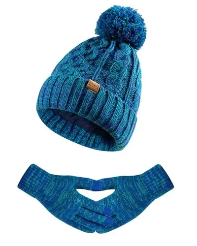 Ayollar qishki trikotaj iliq shapka qo'lqoplar to'plami Pom Fleece astarli shapka sensorli ekranli qo'lqoplar bilan - Modazone