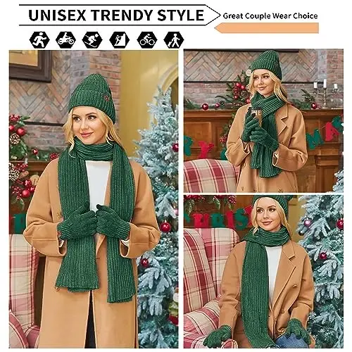 Ayollar qishki trikotajli iliq shapka Beanie uzun sharf sensorli ekranli qo'lqoplar to'plami bosh suyagi qalpoqlari ayollar uchun bo'yin sharflari - 5